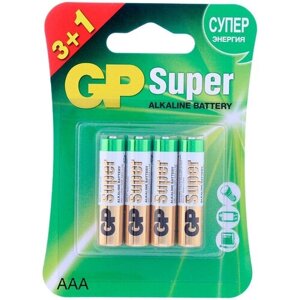 Батарейка GP Super AAA (LR03) 24A алкалиновая, BC4 (промо 3+1), 12 штук, 309235