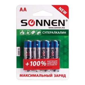 Батарейка SONNEN AA LR6 максимальный заряд, в упаковке: 4 шт.