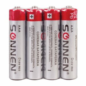 Батарейка SONNEN, AAA, R03, 24А, комплект 4 шт, солевые, в пленке, 3 упаковки