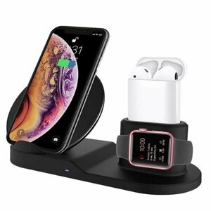 Беспроводная зарядная станция 3 в 1 для Iphone, часов Apple Watch и беспроводных наушников AirPods / Док станция с быстрой зарядкой / Черный