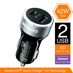 Быстрая автомобильная зарядка Capdase Rapider 2P42 42W, 1*USB QC 3.0 + 1*Type-C PD, черный