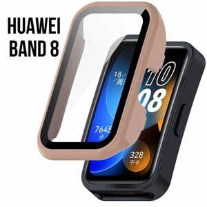 Чехол-бампер с защитой экрана S&T Verum для умных смарт-часов Huawei Band 8 со стеклом на экран из мягкого термопластика, защищает корпус розовый