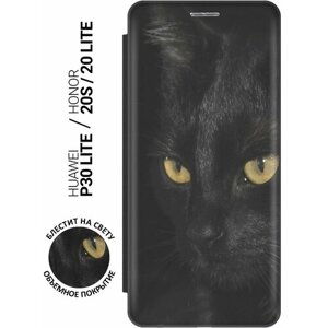 Чехол-книжка на Honor 20 Lite, 20s, Huawei P30 Lite, Хуавей П30 Лайт, Хонор 20 Лайт, 20s c принтом "Черная кошка" черный