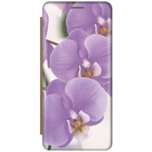 Чехол-книжка на Realme 10 4G, Рилми 10 4Г c принтом "Сиреневые орхидеи" золотистый