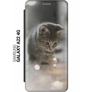 Чехол-книжка на Samsung Galaxy A22, M32, M22, Самсунг А22, М32, М22 с 3D принтом "Котенок и свет" черный