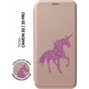 Чехол-книжка на Tecno Camon 20, 20 Pro, Техно Камон 20, 20 Про с 3D принтом "Floral Unicorn" золотой