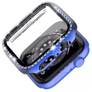 Чехол со стразами + стекло для Apple Watch 44 mm синий