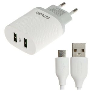 Exployd Сетевое зарядное устройство Exployd EX-Z-1437, 2 USB, 2.4 А, кабель microUSB, белое