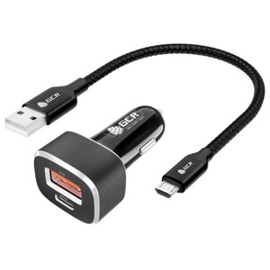 GCR Комплект автомобильное зарядное устройство на 2 USB порта QC3.0 + PD18W [TypeA + TypeC]кабель 0.5m MicroUSB, черный