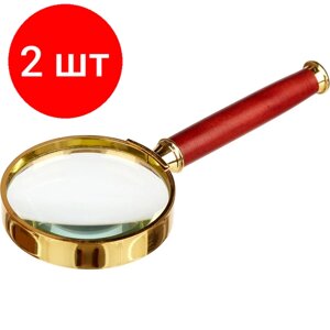 Комплект 2 штук, Лупа классическая, увеличение х5, диаметр 50мм, золото с коричневой ручкой