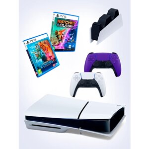 PS5 (ПC5) Игровая приставка Sony PlayStation 5 Slim disc + 2-й геймпад (фиолетовый) + зарядное + игра Minecraft+ игра Ratchet Clank