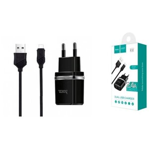 Сетевое зарядное устройство 2 USB 2100 mAh + кабель micro USB HOCO C12 черный