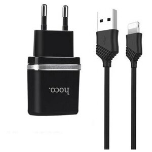 Сетевое зарядное устройство Hoco C12, 2 USB - 2.4 А, кабель Lightning 1 м, черный