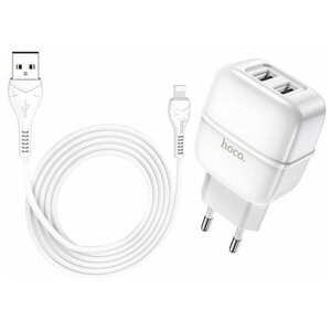 Сетевое зарядное устройство (СЗУ) Hoco C77A (2 USB) + кабель Lightning, 2.4 А, белый
