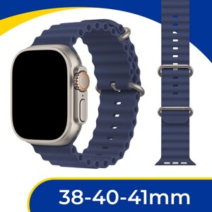 Силиконовый ремешок Ocean Band на смарт часы Apple Watch 1-9, SE, 38-40-41 мм / Сменный браслет для Эпл Вотч 1, 2, 3, 4, 5, 6, 7, 8, 9, СЕ / Синий