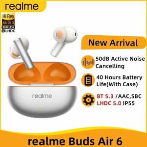 TWS-наушники Realme Buds Air 6 с активным шумоподавлением, 50 дБ, Bluetooth 5,3, LHDC 5,0, IP55, 40 часов работы от аккумулятора