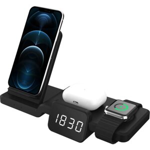 Зарядная станция 4 в 1 для телефона / для часов / для наушников / для iPhone+Watch+AirPods / Fast charging / с отображением времени на дисплее