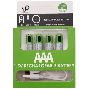 Аккумуляторные батарейки AAA 1.5V 750 mWh с USB type-C кабелем, 4 штуки