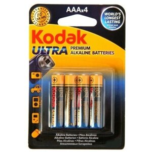 Батарейка алкалиновая Kodak Ultra, AAA, LR03-4BL, 1.5В, блистер, 4 шт.