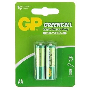 Батарейка солевая GP Greencell Extra Heavy Duty, AA, R6-2BL, 1.5В, блистер, 2 шт.