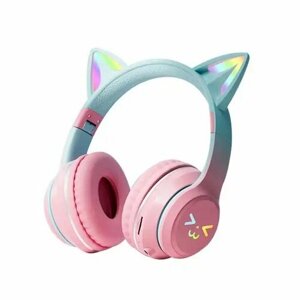Беспроводные наушники Cat ear BT612 детские c ушками кошки, LED, Bluetooth, святятся, розовый / бирюзовый