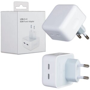 Быстрая зарядка для iPhone, iPad, AirPods / Зарядное устройство для айфона с двумя портами USB Type-C / Power Adapter 50W