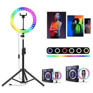 Кольцевая лампа 33 см для предметной съемки и макияжа RGB (15 цветовых схем) со штативом 210 см / селфи лампа для TikTok