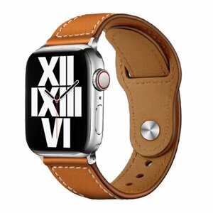 Кожаный ремешок для Apple Watch series 3 4 5 6 7 8 9 SE, в корпусах 38, 40, 41. Светло-Коричневый белая прострочка / Неrmеs Brown WL
