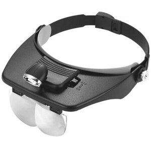 Лупа-очки налобная, бинокулярная с LED-подсветкой, со сменными линзами (1,2х1,8х2,5х3,5х) на батарейках