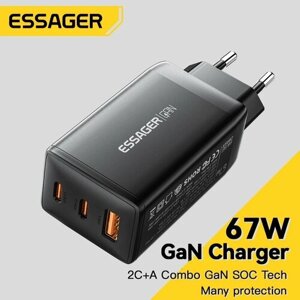 Мощное зарядное устройство Essager GaN X 67W, PD, PPS, QC4.0 многопортовый зарядный блок для ноутбуков, планшетов и смартфонов (USB-A + 2 USB Type-C)