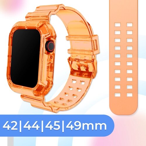 Прозрачный силиконовый ремешок для умных часов Apple Watch 42-44-45-49 mm / Спортивный браслет для смарт часов Эпл Вотч 1-9, SE, Ultra / Оранжевый