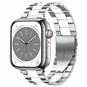 Ремешок металлический из нержавеющей стали для умных смарт часов Apple Watch 42/44/45/49 mm series 1-9 , блочный, Серебристо-белый