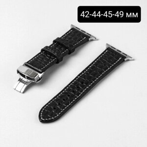 Ремешок ручной работы для Apple Watch 42, 44, 45, 49 мм из телячьей кожи Милано Крок под каймана, чёрный, светло-серая нить, серебристая застёжка