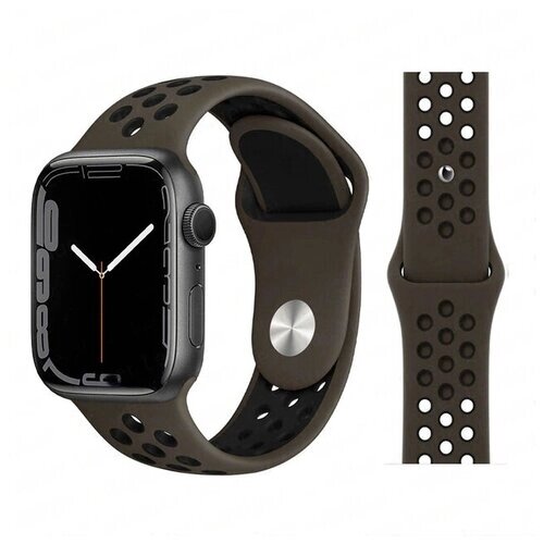 Ремешок силиконовый перфорированный Sport NK для Apple Watch 38/40/41 мм, 225мм, на кнопке, темный хаки+черный (26)