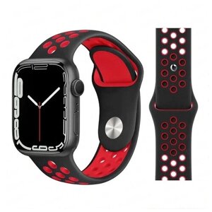 Ремешок силиконовый перфорированный Sport NK для Apple Watch 42/44/45/49 мм, на кнопке, черный+красный (18)