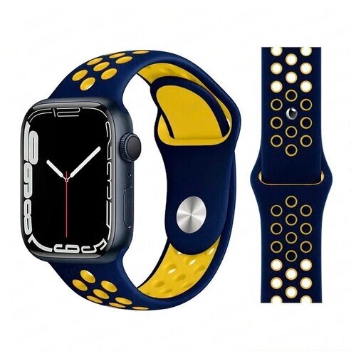 Ремешок силиконовый перфорированный Sport NK для Apple Watch 42/44/45/49 мм, на кнопке, темно-синий+желтый (39)