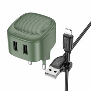 Сетевое зарядное устройство 2USB 2.1A для Lightning 8-pin Borofone BAS21A 1м Olive Green
