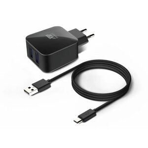 Сетевое зарядное устройство Borasco 2USB, 2,1A + Дата-кабель micro USB, 2А, 1м, черное