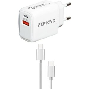 Сетевое зарядное устройство Exployd EX-Z-1341, USB-С/USB, 3 А, 20 Вт, кабель Type-C, белое