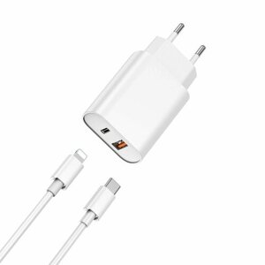 Сетевое зарядное устройство с кабелем Type-С to iPhone Wiwu Quick 20W+18W PD+QC Fast Charger Wi-U002, белый