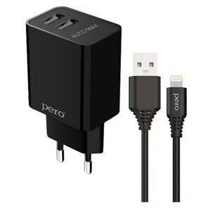 Сетевое зарядное устройство TC02, 2 USB, 2.1 А, кабель Lightning, черное