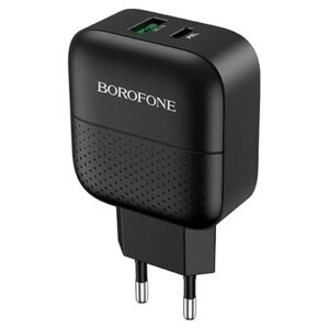 Сетевой адаптер Borofone, штекер, сетевая зарядка, сетевое зарядное устройство 18 Вт, черная, разъем на блоке питания USB Type-A + USB Type-C