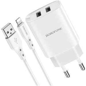 Сзу USB 2.1A 2 USB порт borofone BN2 super fast кабель lightning 8pin белый