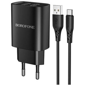 Сзу USB 2.1A 2 USB порт borofone BN2 super fast кабель type-C черный