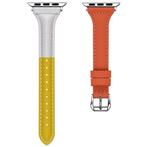 Тонкий кожаный ремешок для Apple Watch 42/44/45 мм, iGrape (Оранжево-бело-желтый)