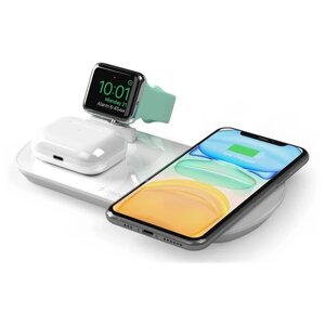 Зарядная станция 3 в 1: iPhone, Apple Watch, Airpods, беспроводная, 17,5 Вт, белая, крафт, Deppa 24010-OZ