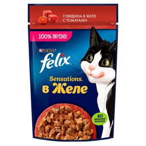 Felix Sensations Влажный корм (пауч) для взрослых кошек, говядина в желе с томатами, 75 гр.