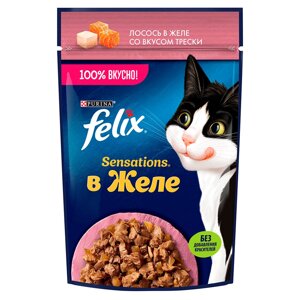 Felix Sensations Влажный корм (пауч) для взрослых кошек, лосось в желе со вкусом трески, 75 гр.