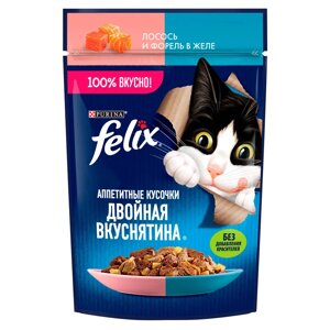 Felix Влажный корм (пауч) для взрослых кошек Двойная вкуснятина, лосось и форель в желе, 75 гр.
