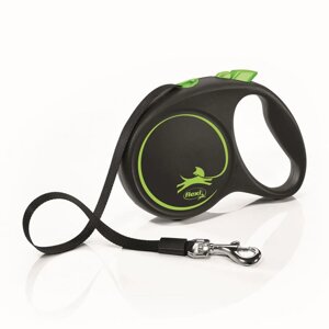Flexi Рулетка для собак Black Design, M, до 25 кг, ремень 5 м, черно-зеленая